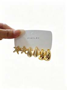 4/16PCS Fashionable Elegant Small C-Hoop Geometric Multi- Gold Metallic Earring Set, Women's Fashion Earring Set, Daily Wear, (Lightweight CCB Material, Non-Fading/No Ear-Pulling Sensation) - Gold - View 4