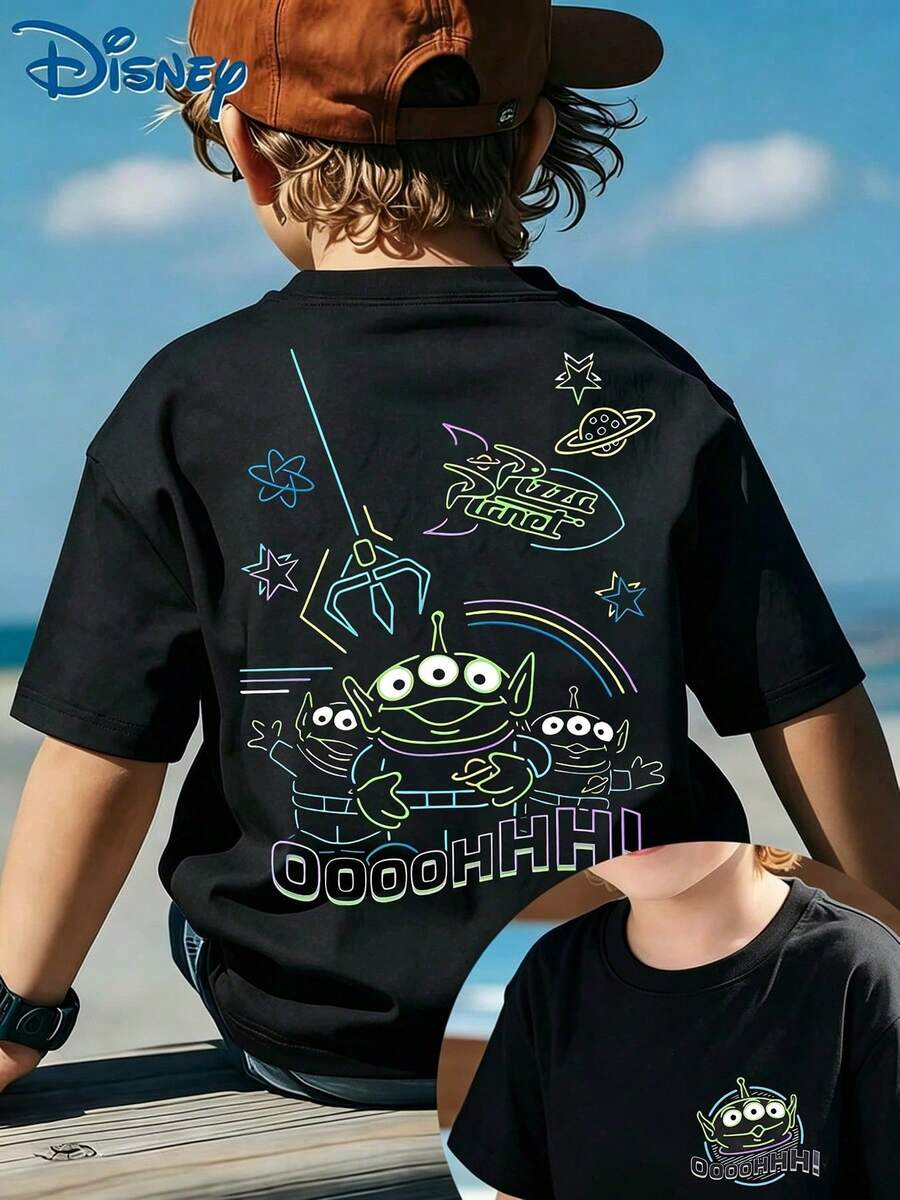 Disney Toy Story  Green Aliens Baby T-Shirt, 6 Months-3 Years, Unisex Neon Pizza Planet Print Tee, Summer Casual Short Sleeve, Express Delivery - Black - View 1