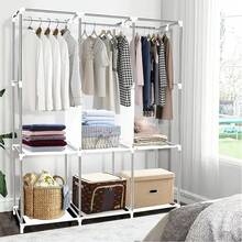 1Pcs Fabric Canvas Wardrobe With Hanging Rail Shelving Clothes Storage Large Cupboard Grey - Grey - View 3