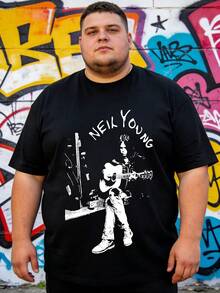 T-shirt för män i svart med grafiskt tryck av Neil Young, musiker som spelar gitarr, vardagskläder för utomhusaktiviteter under vintern, STOR STORLEK - Svart - Visa 1