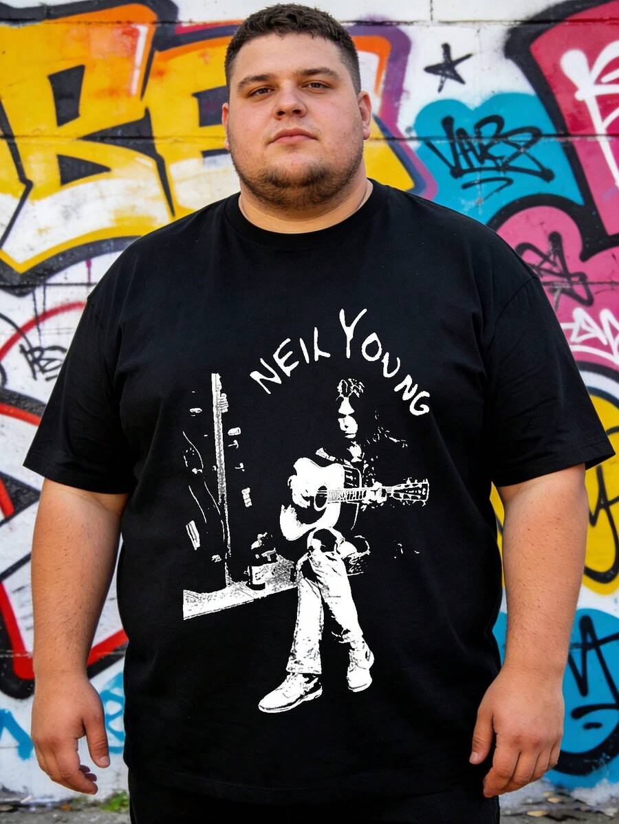 T-shirt för män i svart med grafiskt tryck av Neil Young, musiker som spelar gitarr, vardagskläder för utomhusaktiviteter under vintern, STOR STORLEK - Svart - Visa 1