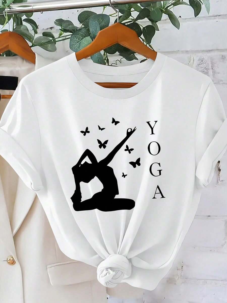 Butterfly Print Top With The Word YOGA, Short Sleeves For Summer Vacation, Casual Sporty Style, Elegant, Vintage, Loose Fit, Slimming And Versatile, 100% Cotton. Casual Blouses For Women - 白色的 - 查看 1