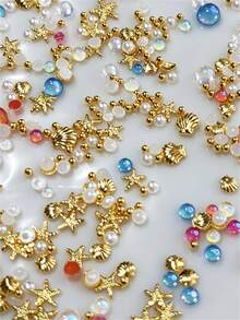 Mixed Metallic Starfish& Mermaid Beads&Half Pearl Nail Charms Golden Alloy Shell/Starfish Nail StudsDIY Summer Holiday Starfish Shell Manicure Rivet - Multicolor - View 3