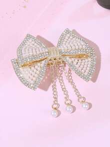 1pc Gold Pearl Hair Bow For Girls Elegant Pearl Tassel Bow Hair Clip Sparkling Rhinestone Bow Alligator Clip Graceful Bow Hair Barrette For Daily Party & Wedding Teens Hair Accessories - Gold - View 9