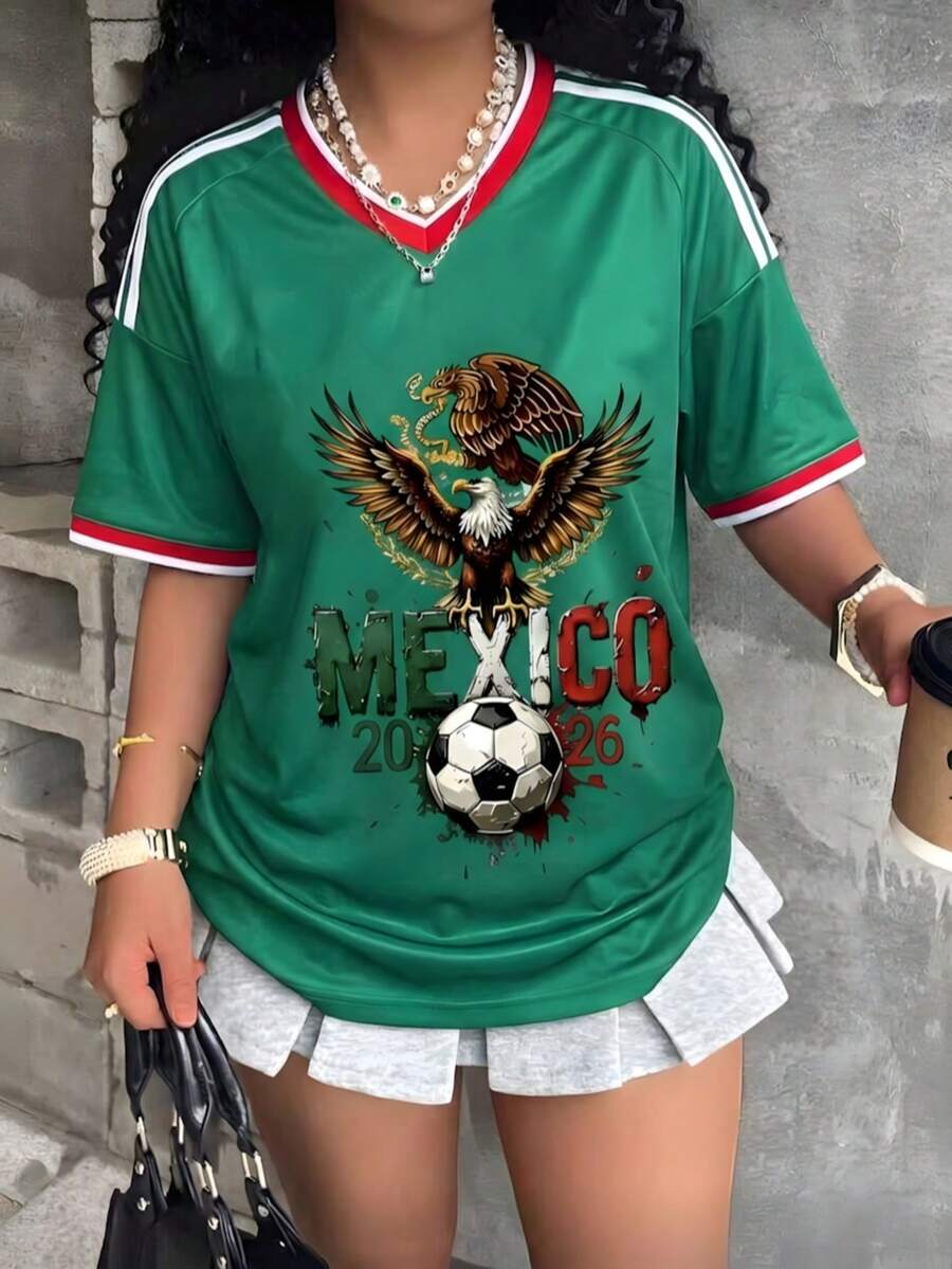 Women's Loose-Fitting T-Shirt, Printed With The Colors Of The Mexican National And Flag, Perfect For Supporting The National Team. Comfortably Soft For Everyday Wear. 100% Cotton, 220 Gsm. Fashionable Everyday Essentials And Holiday Gifts, Unisex. - 薄荷綠 - 查看 1