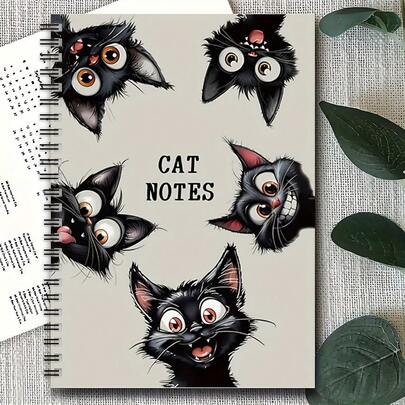 1 pièce Cahier à spirale thème chat noir - Design de chat espiègle, 100 pages, parfait pour le travail, l'école ou les amateurs de chats, fournitures de bureau uniques Agenda