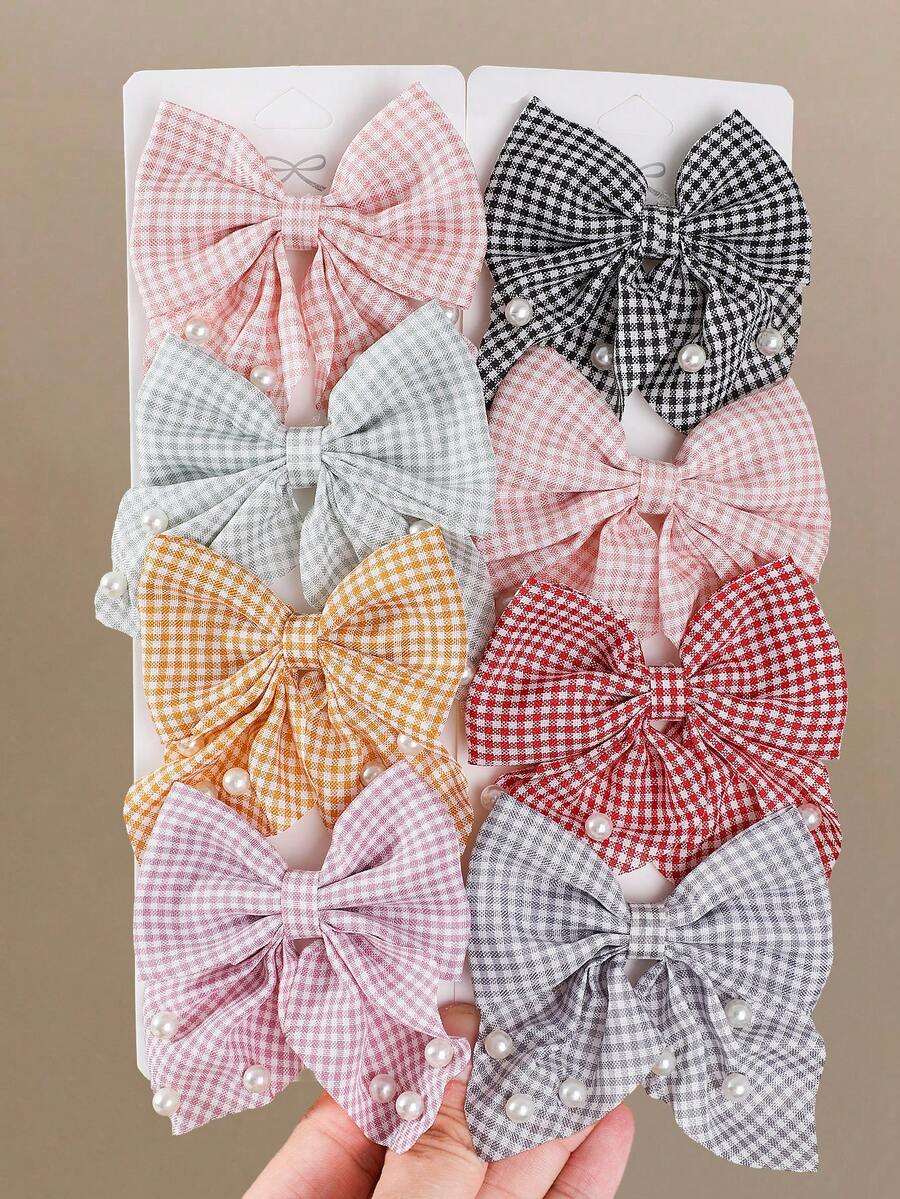 8pcs/Set Colorful Fabric Pearl Butterfly Hair Clips, Hair Accessories For Girls, Everyday Use - Multicolor - View 1