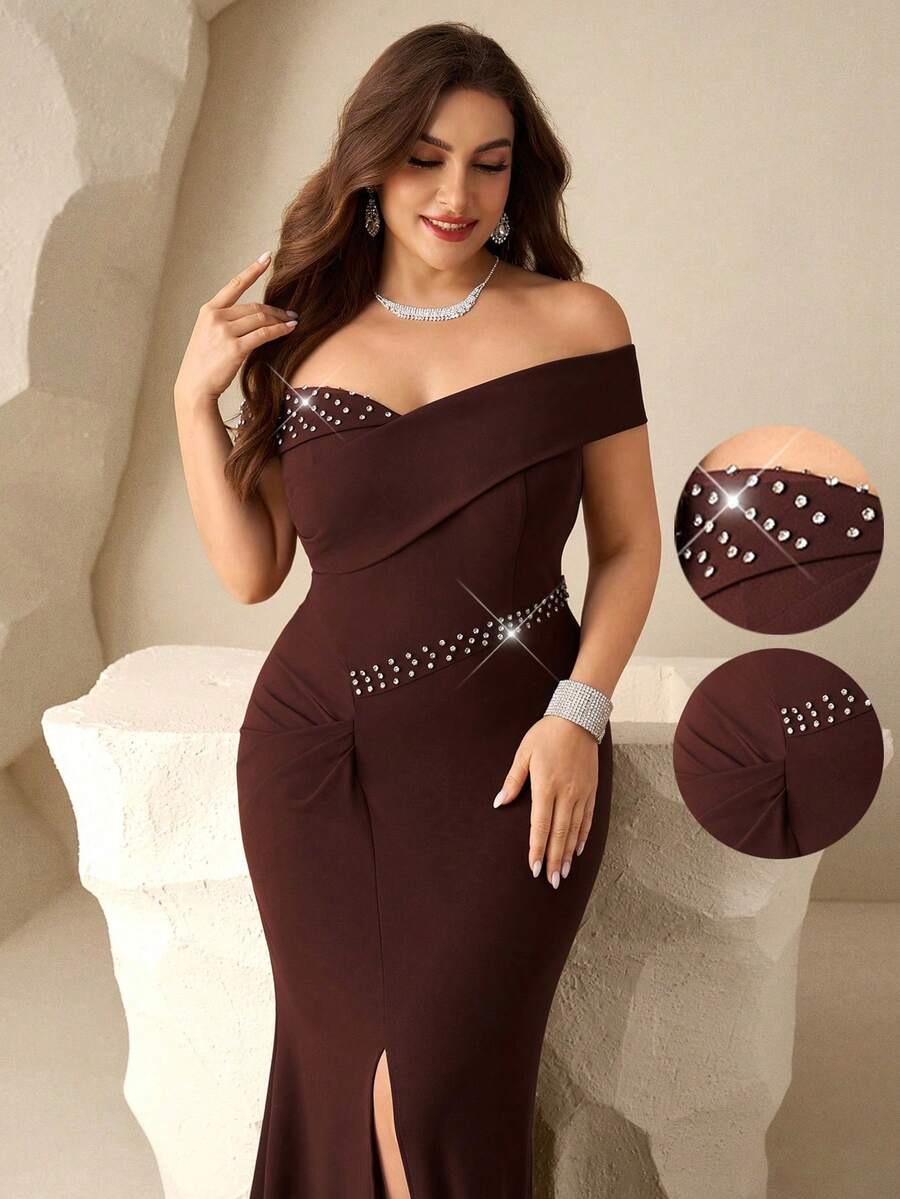 Coutiva Vestido de noche formal elegante con hombros descubiertos y abertura, para tallas grandes - Marrón - Ver 1