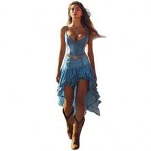 Summer Dress,Trending Light Blue Denim Corset Dress, Spaghetti Strap High Low Ruffle Hem Western Dress, Hot Selling Cowboy Style Outfit, Vintage Washed Fabric, For Desert Road Trip/Country Concert, Y2K Western Style,Women's Dress, Women's T-Shirt Dress - 寶藍色(不含腰帶) - 查看 2
