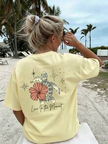 Camiseta de Verano para Mujer con Estampado de Tortugas, Flores y Letras, Casual, Holgada, de Cuello Redondo, para Vacaciones en la Playa - Amarillo - Ver 2