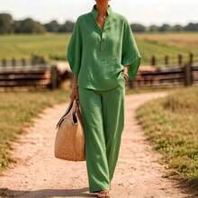 2026 Spring/Summer Casual Buttoned Shirt And Wide-Leg Pants Linen Two-Piece Set Women's Linen Two-Piece Set - Apricot - View 4