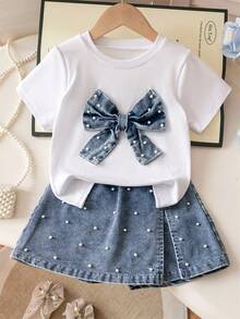 Girls Denim Shorts Set, Denim Beaded Bow Decor Simple Round Neck Short Sleeve T-Shirt, Denim Beaded Shorts With Patchwork Skirt Hem, Casual Young Girls Outfit - White - View 1