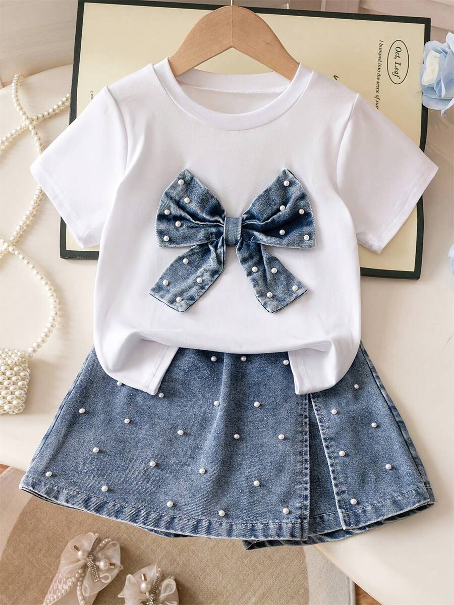 Girls Denim Shorts Set, Denim Beaded Bow Decor Simple Round Neck Short Sleeve T-Shirt, Denim Beaded Shorts With Patchwork Skirt Hem, Casual Young Girls Outfit - White - View 1