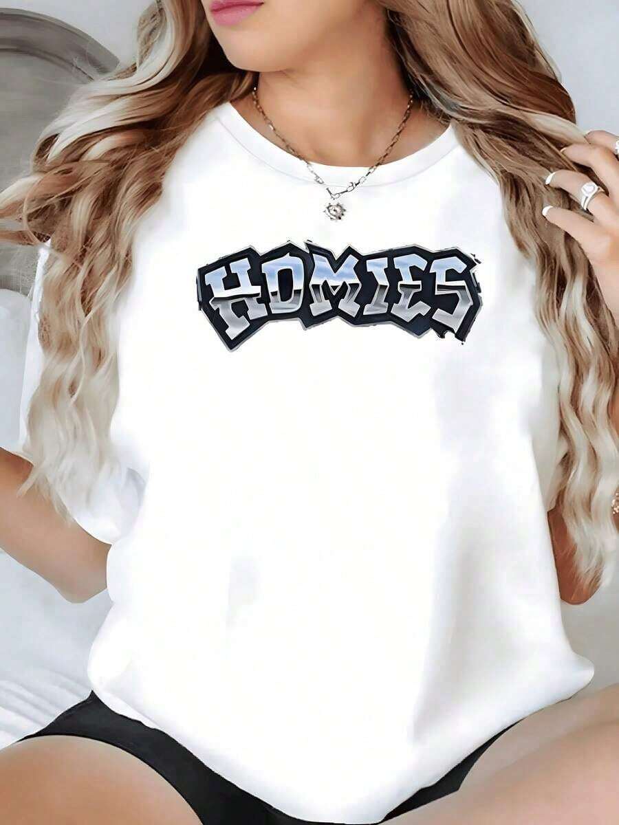 Women's Soft Breathable HOMIES Letter Printed T-Shirt, Black Gothic Style Graphic Short Sleeve Crew Neck Casual Top, Gray White Street Letter Artwork Tee, Lightweight Regular Fit H-Line Shirt, Machine Washable Birthday Graduation Summer Holiday Top, 2026 Summer Spring Summer Autumn Year-Round Comfort T-Shirt For Women - White - View 1
