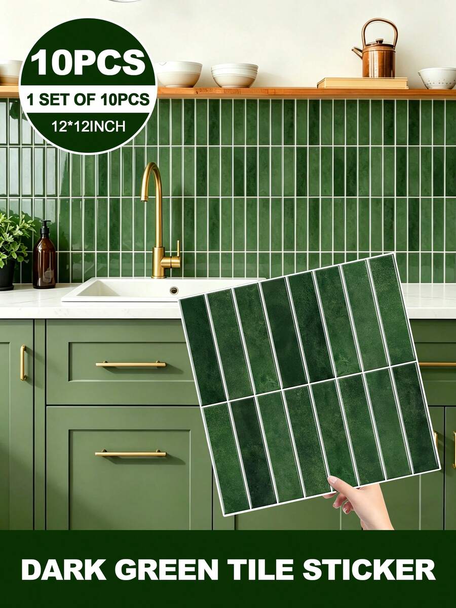 10PCS Peel And Stick Wall Tile For Kitchen Backsplash, Fireplace, Bathroom, 3D Dark Green Marble, Water / Oil / Wear Resistant, Wall Room Decor Bathroom Decor Bedroom Decor Wall Decor, Home Decor Backsplash Tile Peel And Stick 12in. * 12in. - 10Pcs - 查看 1