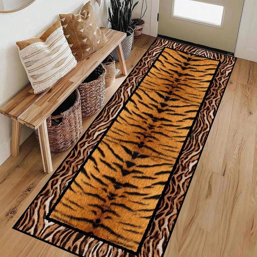 70*26inch Tiger Print Runner Rug, Retro Wild Nature Animal Skin Leopard Zebra Tiger Striped Border Area Rugs, Soft Low Pile Durable Farmhouse Decor Carpet For Dining Room Hallway - A - View 1
