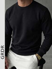 Men's Casual Versatile Solid Color Crew Neck Sweatshirt - Black - View 5