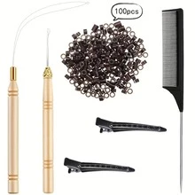 Kit de herramientas para extensiones de cabello, 100 piezas de cuentas de silicona, 2 ganchos de ganchillo, 2 pinzas de pico de pato, para accesorios de herramientas de peinado profesional - Ver 13