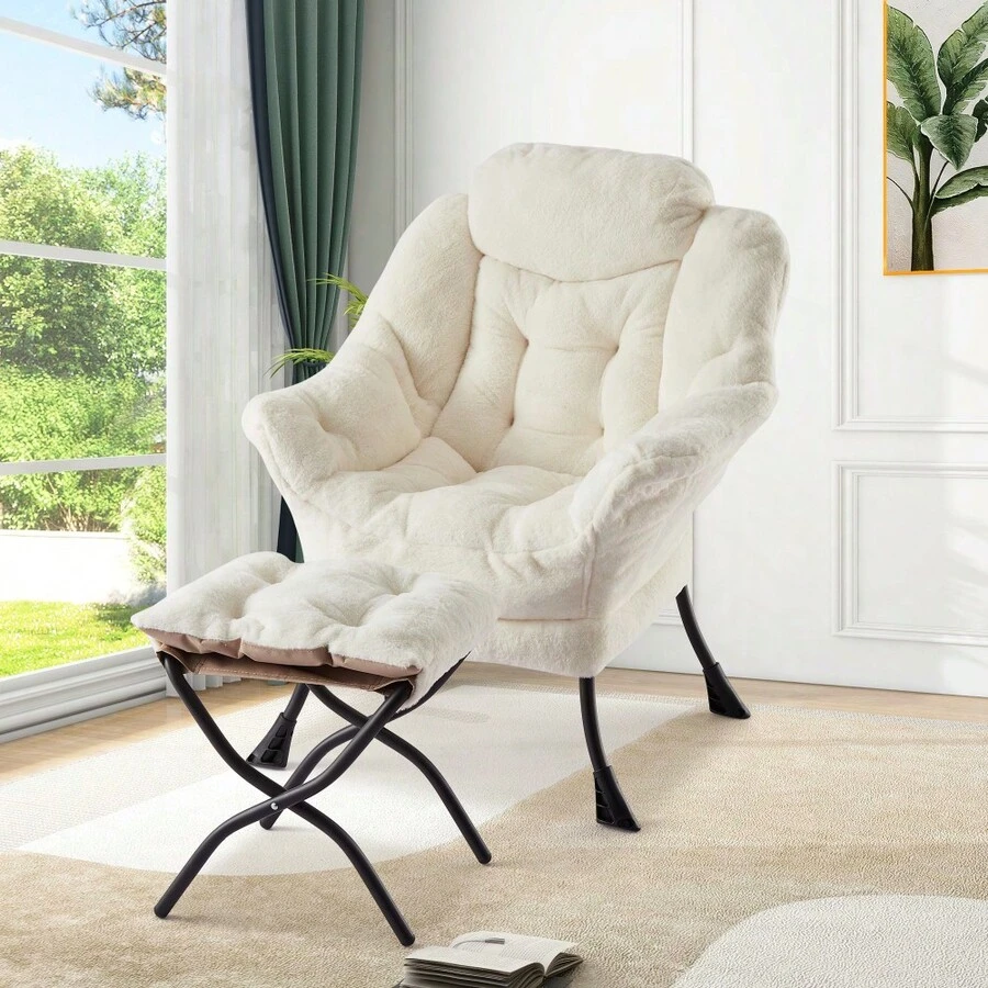 Sillón lounge moderno con otomana – Estructura metálica resistente – Respaldo reclinable, reposapiés plegable y cojín extraíble – Tapizado suave ideal para sala, dormitorio u oficina - A - Ver 1