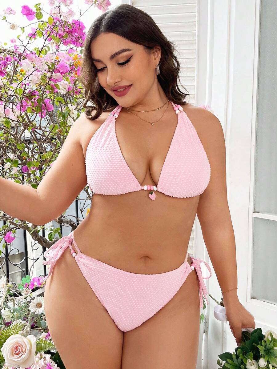 Swim Mod Conjunto De Bikini Con Lazo Lateral Y Triángulo Halter De Talla Grande De Playa De Verano - Rosa Pálido - Ver 1