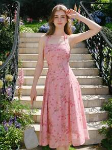 Vestido elegante de cuello halter con estampado floral diminuto para mujer, rosa de verano primavera - Rosa - Ver 1