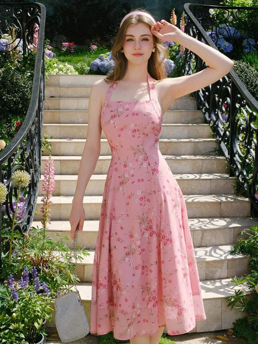 Vestido elegante de cuello halter con estampado floral diminuto para mujer, rosa de verano primavera - Rosa - Ver 1