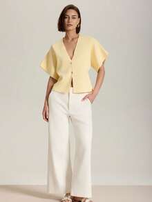 Cárdigan casual de mujer de unicolor con botones, adecuado para verano y otoño - Amarillo - Ver 6