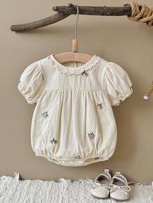 Newborn Baby Girl Floral Embroidered Apricot Cotton Short Sleeve Romper Summer - Apricot - View 5
