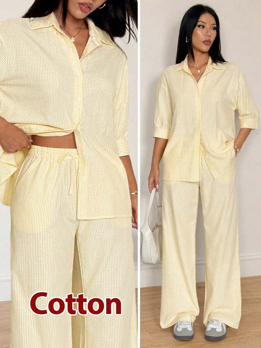 PETITE Conjunto casual de camisa y pantalones a rayas de mujer de color amarillo claro tejido, conjunto de verano a rayas amarillo, conjunto de dos piezas amarillo, conjunto cómodo de mujer amarillo, conjunto de dos piezas a rayas de mujer, conjuntos de salón para mujer, conjunto de dos piezas amarillo mantequilla, conjunto de salón de verano, ropa de salón, conjuntos amarillos para mujer, conjunto de pantalón amarillo de mujer - Amarillo - Ver 1