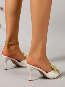 Sandalias retro elegantes de tacón alto, puntera abierta, unicolor beige, decoración de lazo, tacón fino y transpirable - Beis - Ver 2