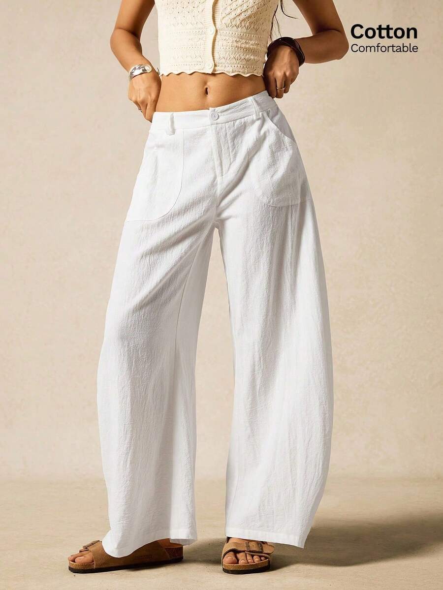 Pantalones acampanados de pierna ancha tejidos de color marrón chocolate para mujer - Blanco - Ver 1