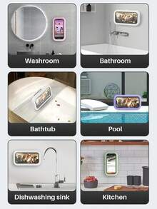 Soporte giratorio de 360 grados para teléfono impermeable para ducha, ajustable y telescópico, funda protectora para teléfono de ducha anti-empañamiento de alta sensibilidad, apto para paredes de baño, espejos, bañeras y cocinas, caja impermeable para teléfono táctil de baño, soporte de pared sin perforación para teléfono táctil - Multicolor - Ver 9