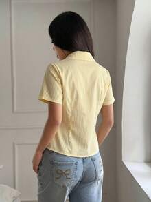 Women's Front Button Striped Shirt, Office Daily Commute Vacation Summer Casual Blouse - Yellowish-white - View 4