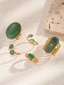 5Pcs/Set Vintage Green Gemstone Gold Plated Stackable Rings, Boho Stainless Steel Statement Jewelry For Women - Yellow Gold - View 2