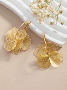 2pcs Elegant Gold Flower Stud Earrings | KC Gold Plated Zinc Alloy, Fashionable Style, Suitable For Daily Wear, Dates, Parties, Holidays, Gifts, And Various Occasions As Jewelry Accessories - Gold - View 6