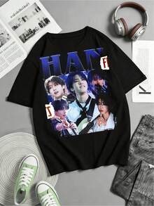 Y2K-stil Han Jisung gitarr- och mikrofonprestanda-t-shirt, bomullströja för K-pop-fans, dam, avslappnad - Svart - Visa 1