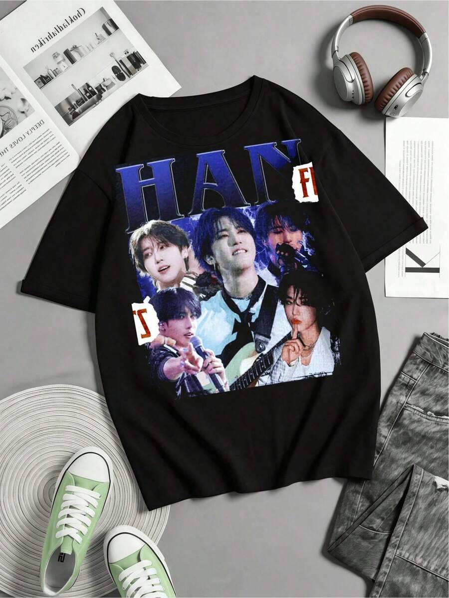 Y2K-stil Han Jisung gitarr- och mikrofonprestanda-t-shirt, bomullströja för K-pop-fans, dam, avslappnad - Svart - Visa 1