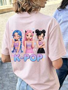 青少年女孩K-POP圖案夏季寬鬆短袖T恤，青少年女孩上衣，週末出遊/日常玩樂/返校/戶外運動，時尚女孩春夏休閒百搭上衣 - 粉色 - 查看 2