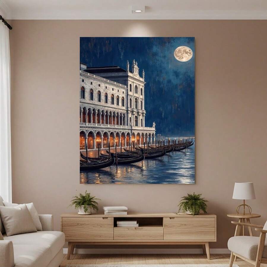 Enmarcado 1 póster enmarcado de góndola veneciana y canal iluminado por la luna - Escena romántica nocturna con góndolas y edificios históricos, ideal para la decoración del hogar, la oficina o fiestas, obra de arte para la sala de estar | Escena nocturna serena | Diseño arquitectónico detallado, decoración veneciana - Enmarcado - Ver 1
