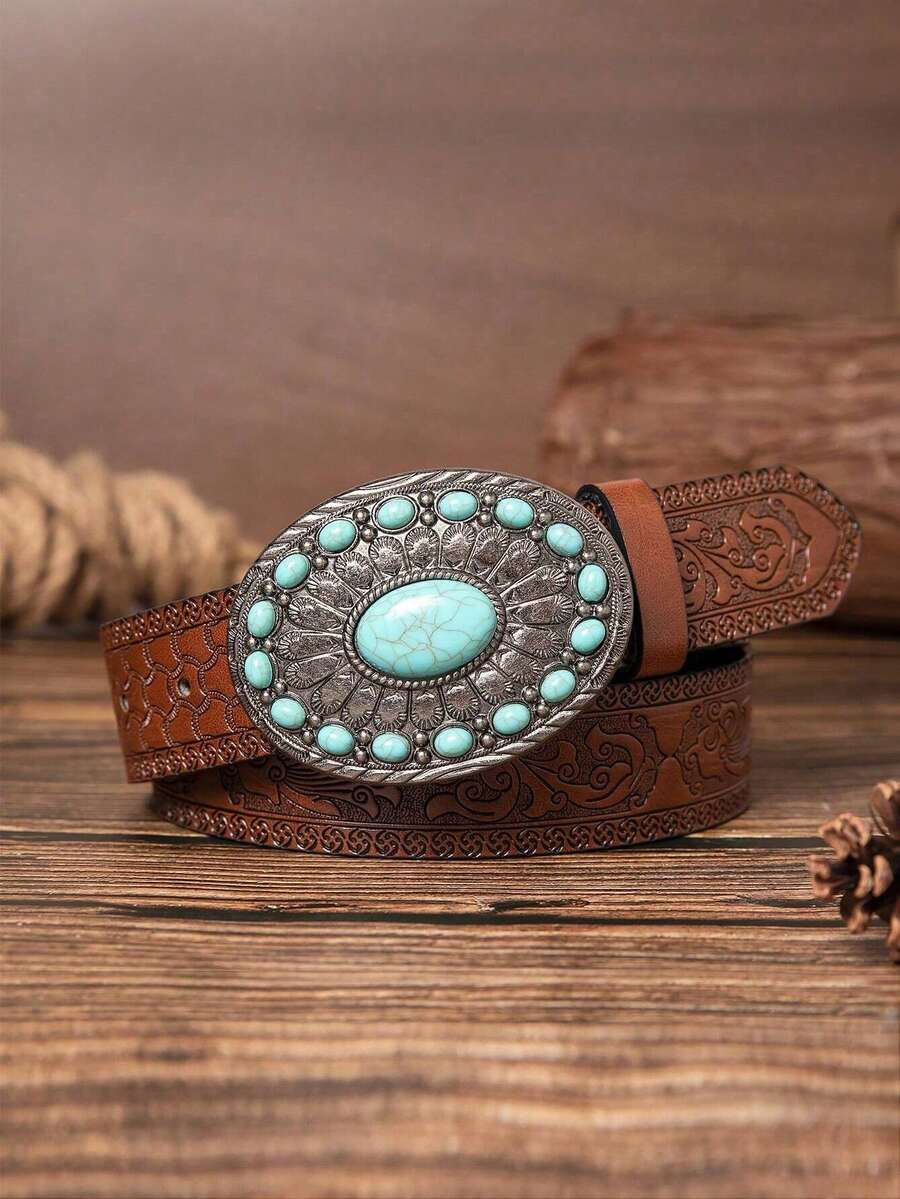 1 pièce Ceinture de cowboy western pour hommes, ceinture large à tête de taureau, ceinture à boucle à motif de tête de taureau, ceinture d'extérieur, ceinture de style bohème, ceinture cadeau - Tabac - Voir 1