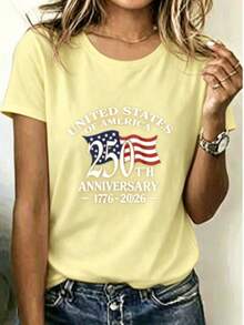 Loose V Neck Red Women's Tee Curved American Text Floating Star Strip Flag Print, Silky Smooth Top For Patriotic Anniversary Holiday Wear - 黃色 - 查看 7