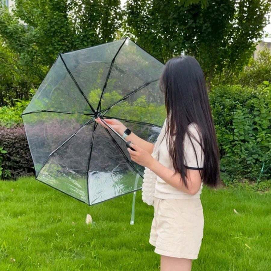 1pc Transparent Folding Travel Umbrella, Portable Pocket Umbrella, Lightweight Waterproof Rainproof Sun Protection Parasol, Elegant Transparent Dual-Use Umbrella, Cute Pink Floral Print Manual 8-Rib Umbrella, Plastic Handle Iron Frame Durable Folding Umbrella, Romantic Outdoor Photo Prop Umbrella, Unisex Transparent Rain Gear, Automatic Manual Telescopic Travel Umbrella, Essential For Outdoor Activities - One Size Fits All - View 1