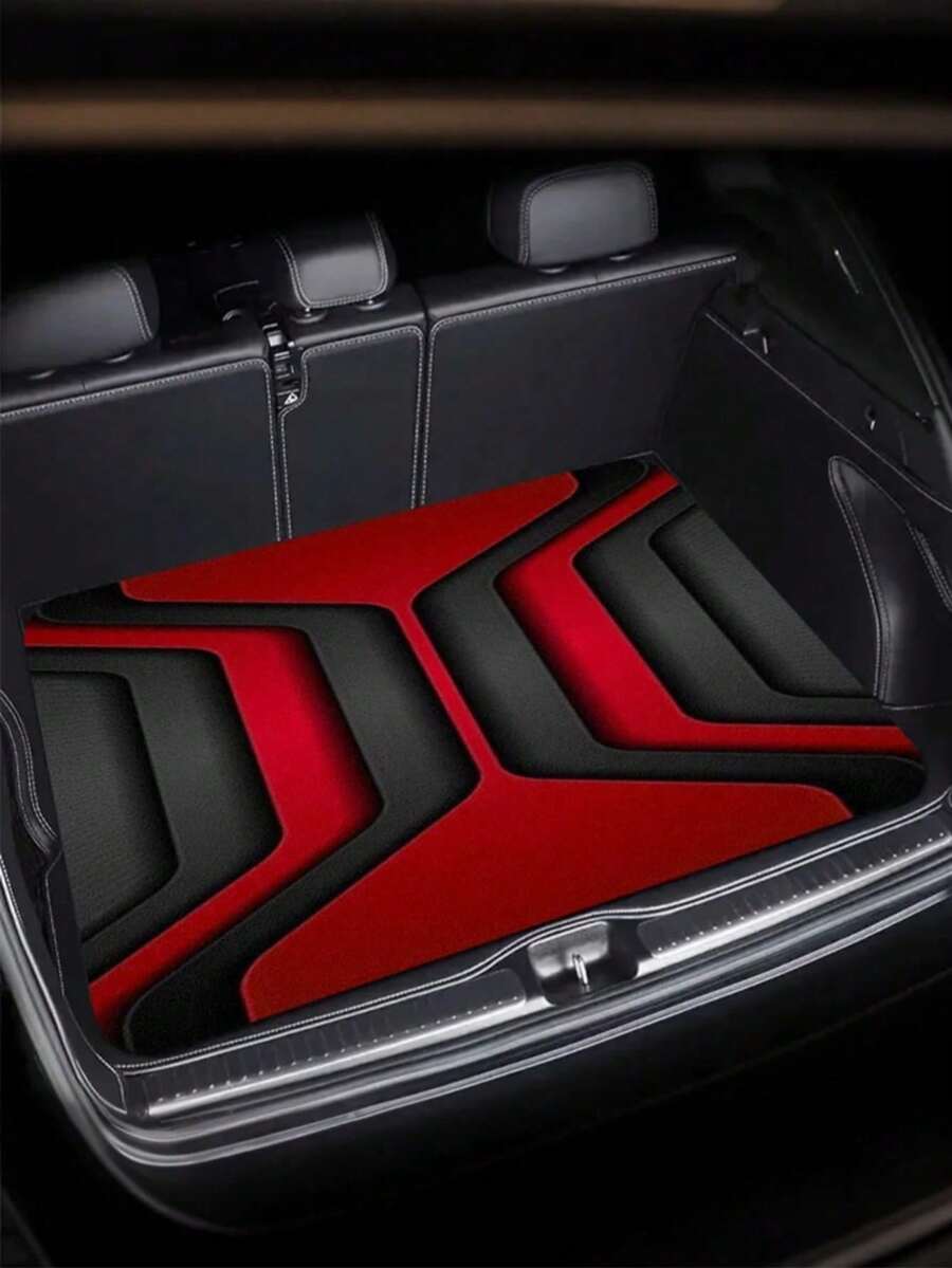 1pc Red & Black Fashion Print Car Trunk Mat - Durable Polyester Floor Mat, Practical For Daily Travel, Loading And Securing Cargo, Car Trunk Mat, Car Interior Decor Accessory - A - View 1