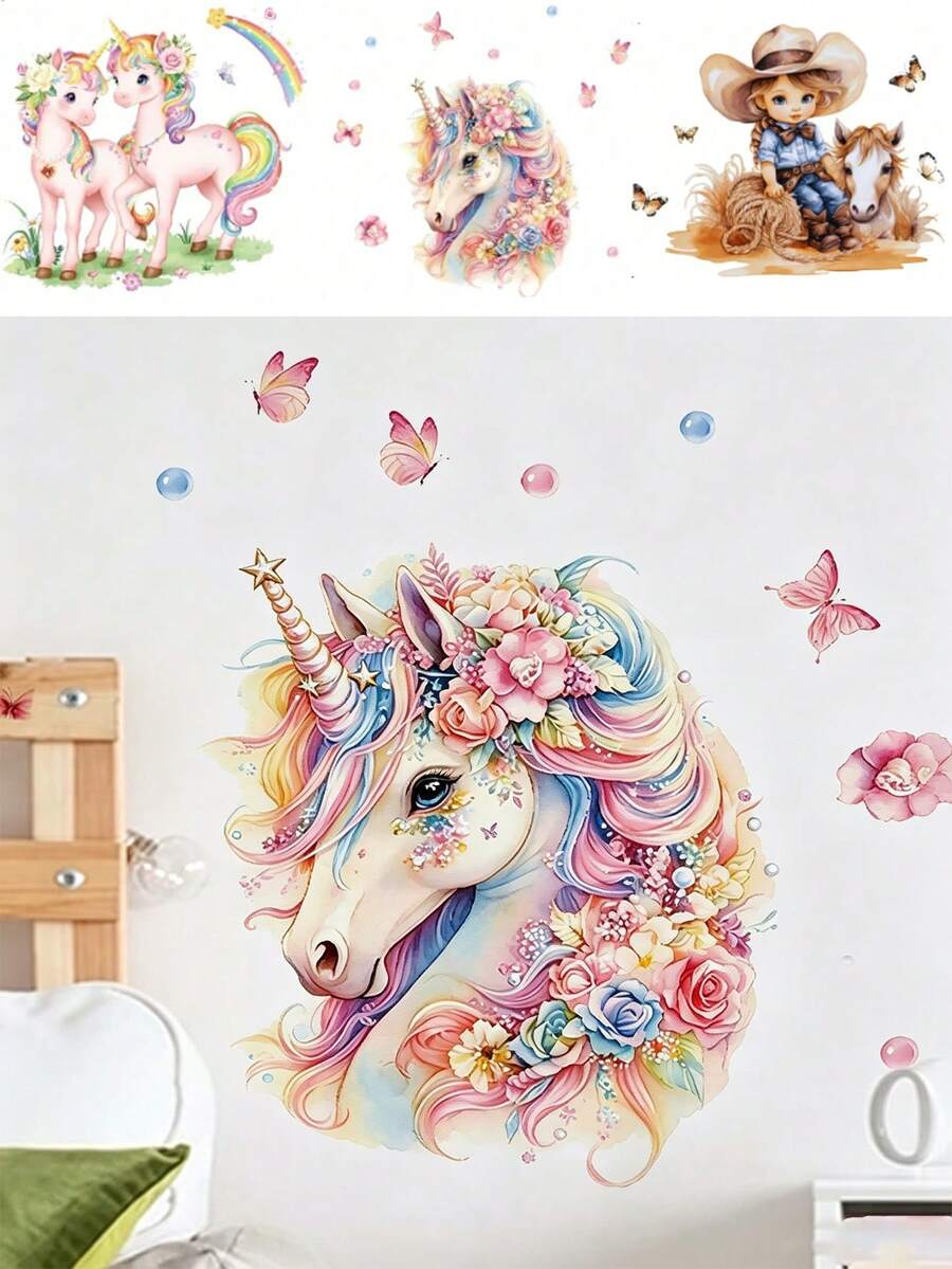馬卡龍色花朵獨角獸可撕貼牆貼,彩色蝴蝶泡泡房間裝飾配件,幼兒房與女孩臥室室內裝飾飾品 - 彩色 - 查看 1