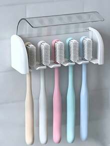 1pc No-Drill Wall-Mounted Toothbrush Holder With Cover, Electric Toothbrush Holder For Bathroom, Toothpaste Storage Rack, 2/5/6 Slot Self-Adhesive Toothbrush Organizer Suitable For Home, Bathroom Storage Accessories - White - View 3