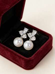 1pair Stud Earrings Women Wedding Party Valentine's Day Minimalist Faux Pearl Rhinestone Elegant Silver - Multicolor - View 4