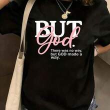 But God There Was No Way But God Made A Way T-Shirt, Christian Women Plus Size, Casual 220g Funny Oversized Graphic Short Sleeve, 1 Pcs Tee Novelty Crew Neck Top, 100% Polyester, Inspirational, Free Shipping - 黑色 - 查看 1