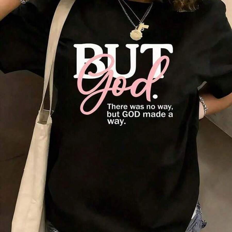 But God There Was No Way But God Made A Way T-Shirt, Christian Women Plus Size, Casual 220g Funny Oversized Graphic Short Sleeve, 1 Pcs Tee Novelty Crew Neck Top, 100% Polyester, Inspirational, Free Shipping - 黑色 - 查看 1
