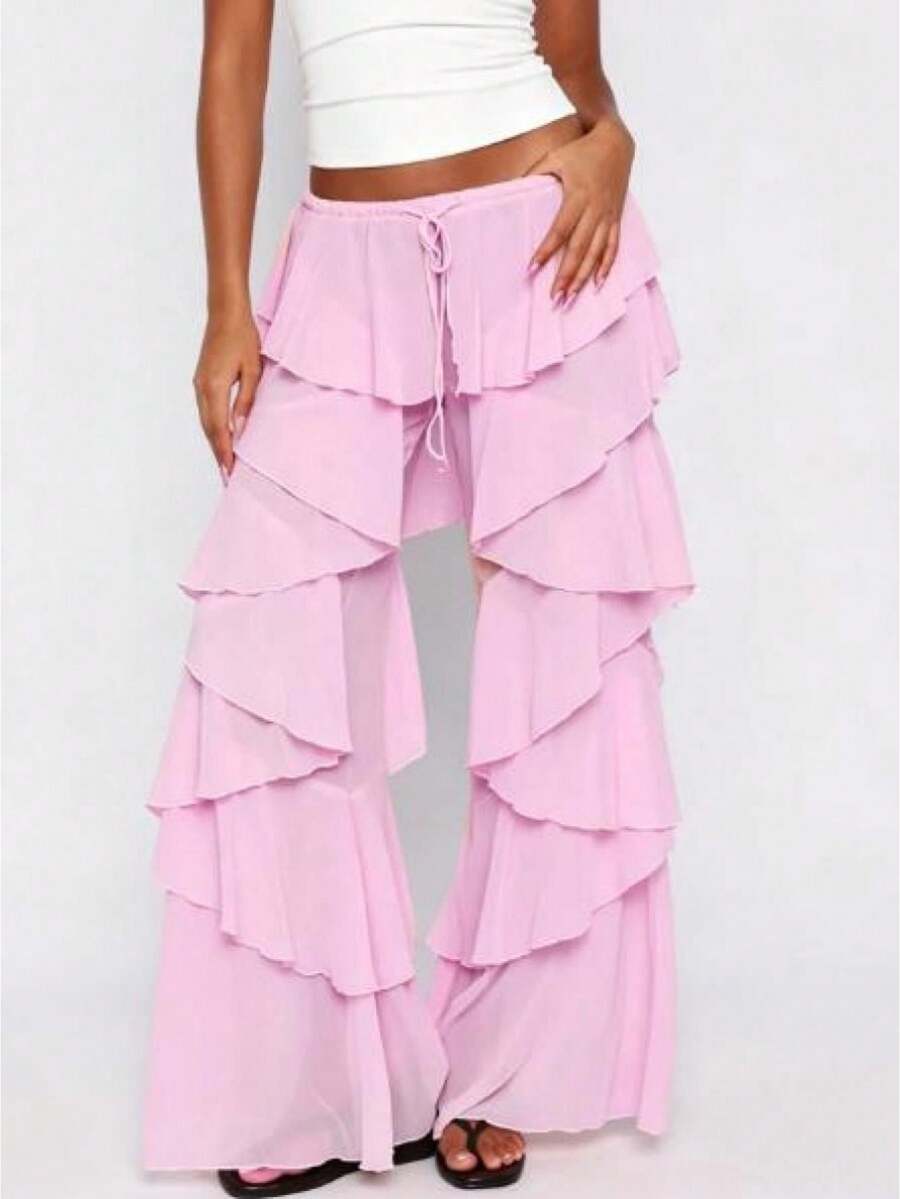 Women's White Tiered Ruffle Chiffon Beach Cover Up Pants - Pink - View 1