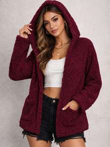 Women's Teddy Animal Print Hooded Jacket – Leopard Style With Fur Pockets - Everyday Wear - 酒紅色 - 查看 1